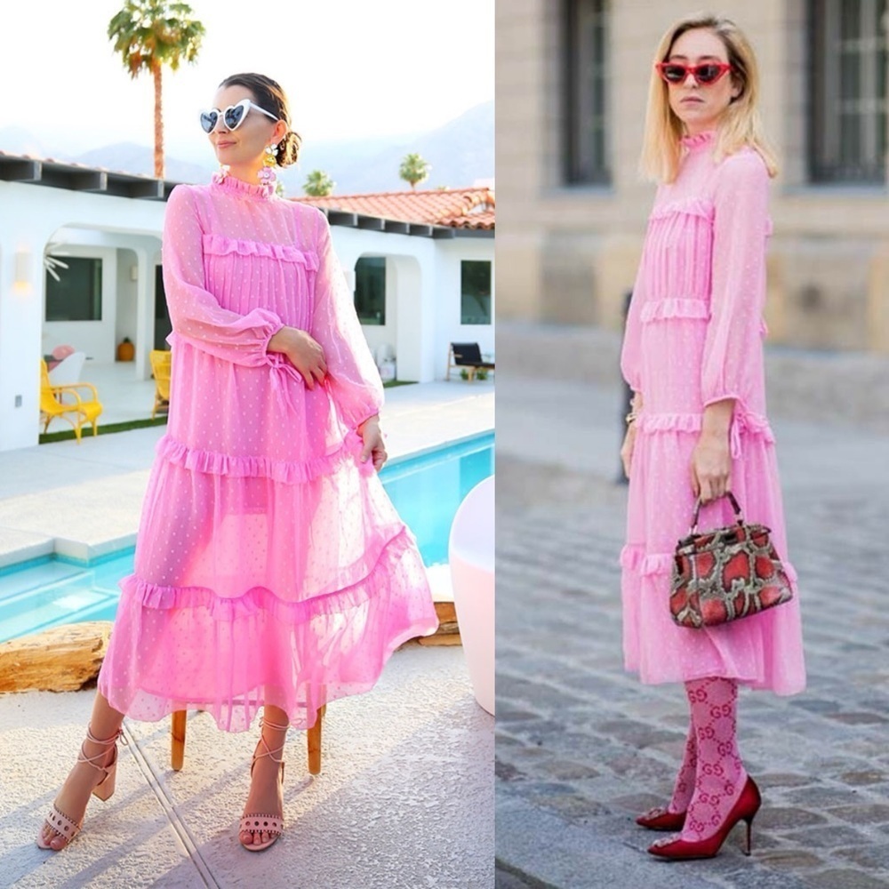 Topshop Dobby Chiffon Midi Dress Ruffle Tiered Sheer Pink Vintage Size 4
